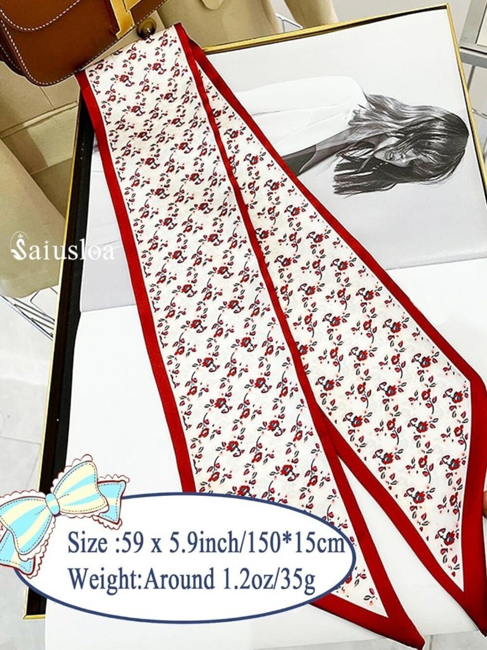 Women's Small Red Flowers Head Fashion Scarves Long Skinny Silky Hair Bags Scarf - Picture 3 of 6
